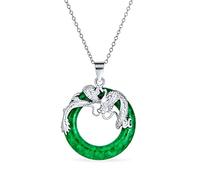 Bling Jewelry Stile Asiatico Cerchio Aperto Disco Tinto Verde Giada Drago Collana Per Le Donne .925 Sterling Silver 18 Pollici
