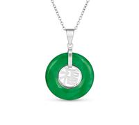 Bling Jewelry Stile Asiatico Cerchio Rotondo Ciambella Buona Fortuna Fu Carattere Cinese Simbolo Tinto Verde Giada Disco Collana Per Le Donne .925 Sterling Argento