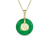 Bling Jewelry Stile Asiatico Cerchio Rotondo Ciambella Ciambella Buona Fortuna Fu Carattere Cinese Simbolo Tinto Verde Giada Disco Collana Per Le Donne Placcato Oro 14K .925 Argento