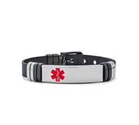 Bling Jewelry Unisex Personalizzare L'Identificazione Nome Tag Placcato Allarme Medico Id Bracciale Da Polso Cintura Fibbia Bracciale Maglia Per Gli Uomini Donne Nero In Acciaio Inox Regolabile
