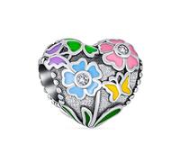 Bling Jewelry Valentine CZ Accent Love Grows Bouquet Floreale Smaltato Multicolore 3D Amore Cuore Perlina Per Le Donne Fidanzate .925 Argento Adatto A Bracciale Europeo