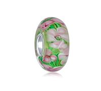 Bling Jewelry Vetro Di Murano .925 Argento Sterling Nucleo Floreale Verde Rosa Fiore Tropicale Distanziale Charm Perline Adatto A Bracciale Europeo Per Donne E Adolescenti