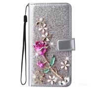 Bling Portafoglio Flip Girly per Motorola MOTO G10/G30/G20 Glitter Bling Strass Diamante Farfalla Fiori Design Pelle PU Flip Libro Portafoglio Custodia con Funzione Supporto,Silver