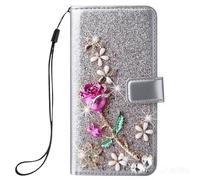 Bling Portafoglio Flip Girly per Oppo A38 4G Glitter Bling Strass Diamante Farfalla Fiori Design Pelle PU Flip Libro Portafoglio Custodia con Funzione Supporto per Oppo A38 4G,Silver