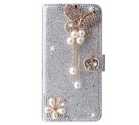 Bling Portafoglio per Honor Magic 8 Pro Flip Cover, Bling Strass Argento PU Leather Glitter 3D Big Farfalla Pelle Antiurto Libro Portafoglio Kickstand Magnetica Cover Flip Case per Honor Magic 8 Pro