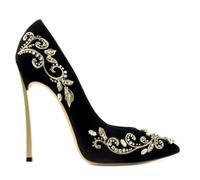Bling Rhinestone Gold Silver Flower Embroidery Blade Heel Pumps High Heels Crystal Black Suede Pointed Toe Woman Shoes(Gold Metal Heel,40)