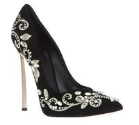 Bling Rhinestone Gold Silver Flower Embroidery Blade Heel Pumps High Heels Crystal Black Suede Pointed Toe Woman Shoes(Silver Metal Heel,36)