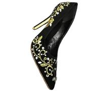 Bling Rhinestone Gold Silver Flower Embroidery Blade Heel Pumps High Heels Crystal Black Suede Pointed Toe Woman Shoes(Gold,42)