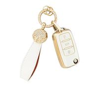 BLINGOOSE Custodia portachiavi per VW Golf 5 6 GTI Polo UP Touran Tiguan Beetle Passat Accessori 3 Tasti Auto Custodia Cover Glitter Sullo Ciondolo per Volkswagen Donna Girly TPU Bianco Oro