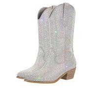 blingqueen Stivali da cowboy con glitter tacco occidentale, argento, 41 EU