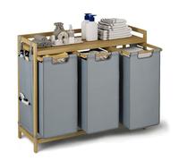 Blishom Cestello per Biancheria 3 Scomparti, 150L Portabiancheria in Bambù con Ripiano, 3x50L Sacchetti Rimovibili ed Elastici, Tasche Laterali, 94x33x78 cm, Grigio