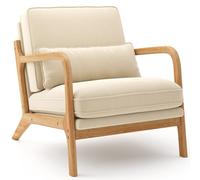 Blishom Poltrona da Salotto in Legno di Caucciù,Poltroncina Camera da Letto,con Cuscino Sfoderabile e Schienale con Braccioli con cuscino lombare,82 x 65 x 75CM, Beige