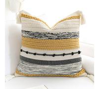 BlissBlush - Federa decorativa Boho, 22x22 cm, quadrata, beige senape, con nappe, stile rustico, per divano, camera da letto, soggiorno, arredame