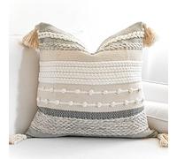 BlissBlush Federa decorativa per cuscino in stile bohémien, con nappe, colore: grigio e crema