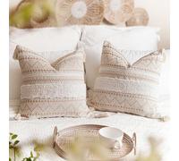 BlissBlush Set di 2 federe decorative per cuscino, 45 x 45 cm, quadrate, color crema neutro, con nappe, per divano, camera da letto, soggiorno, decorazione per la casa, solo federa