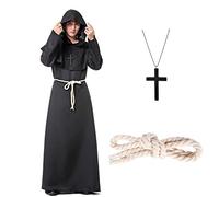 Blisscok Costume da Monaco, Medievale Uomo, Prete - Vestito Con Mantello Nero, Cappuccio e Croce per Halloween, Carnevale, Cosplay