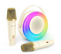 BlitzMax Macchina per Karaoke per Bambini, Mini Karaoke Portatile con 2 Microfoni Senza Fili Bluetooth, Luci LED Colorate, Cambia Voce, Giocattoli e Regali per Ragazze/Ragazzi/Compleanni/Feste, Beige