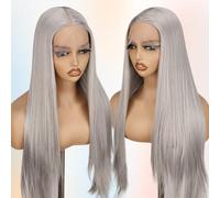 BLL Parrucca con pizzo frontale in argento, 76 cm, capelli lisci grigi sintetici bianchi cenere, parrucca da donna (argento, 76,2 cm)