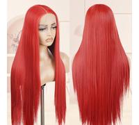 BLL Parrucca rossa lunga con pizzo frontale pre-pizzicato con capelli di bambino HD pizzo senza colla, parrucca sintetica per Halloween, da donna, 76 cm (rosso, 76 cm)