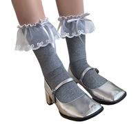 BLNGET Trendy Ruffle Mesh Splicing Calze Corte Con Archi Decorazione Per Le Donne Fairycore Estetica Tinta Unita Tubo Medio Elegante Corto, grigio, Taglia unica