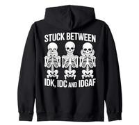 Bloccato tra IDK IDC IDGAF Funny Skeleton Meme Felpa con Cappuccio
