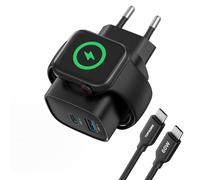 Blocco di Ricarica Rapida 20W per Apple Watch, Caricatore da Muro USB C PD 3 in 1 per iWatch Ultra 10/9/8/7/6/SE, iPhone 16/15/15 Pro Max, iPad Pro/Air, Nero