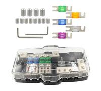 Blocco Fusibili per Veicoli 2 in 4 Out LED Rosso | Scatola Trasparente Rimovibile, Plastica e Lega di Zinco, Sicurezza Elevata, Kit Due Fusibili di Riserva