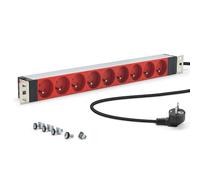 Blocco multipresa 19" 9 prese rosse tipo E francesi - alloggiamento in alluminio solido, fissaggi orientabili, cavo 1,80 m, protezione bambini - rack baie di rete
