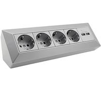 Blocco presa a 4 vie + 2x USB, argento, facile da montare perché l'interno è precablato, montaggio a sbalzo - ideale per piani di lavoro e banchi da lavoro