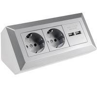 Blocco prese a 2 vie + 2x USB, USB 5V=, angolo di 45° per un facile inserimento, montaggio a sbalzo, colore argento
