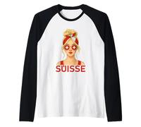 Blonde Fille Suisse Drapeau Suisse Copine et Épouse Suisse Maglia con Maniche Raglan
