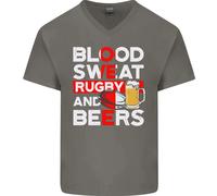 Blood Sweat Rugby E Birre Inghilterra Divertente Uomo Scollo A V Cotone T-Shirt