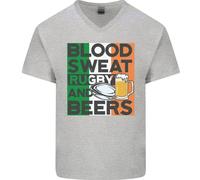 Blood Sweat Rugby E Birre Irlanda Divertente Uomo Scollo A V Cotone T-Shirt