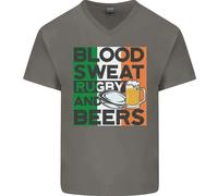 Blood Sweat Rugby E Birre Irlanda Divertente Uomo Scollo A V Cotone T-Shirt