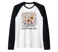 Bloom Your Way - Maglietta con Citazione Floreale e Farfalla Maglia con Maniche Raglan