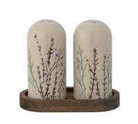 Bloomingville Set sale e pepe BEA in gres con vassoio in legno naturale, Fiori