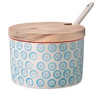 Bloomingville Contenitore per Sale con Coperchio e Cucchiaio Emma - in gres colorato Ø 10 cm, Blu, Ceramica Gres, capacità 250 ml