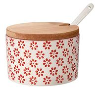 Bloomingville Contenitore per Sale con Coperchio e Cucchiaio Susie - in gres colorato Ø 10 cm, Rosso, Ceramica Gres, capacità 250 ml