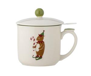 Bloomingville Valentin - Tazza con coperchio e colino da tè, verde, in gres, T10 x 11 cm, 300 ml
