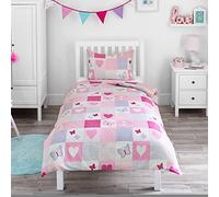 Bloomsbury Mill - Patchwork Con Cuori e Farfalle - Set Di Biancheria Da Letto Per Bambini - Rosa e Lilla - Copripiumino 135 cm x 200 cm e Federa Per Letto Singolo