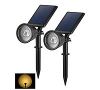 BLOOMWIN Faretti Solari a LED da Esterno - 2 Pezzi Lampade Solari da Giardino da Terra Bianco Caldo Impermeabili IP65, Proiettore Interno Luci Solari Esterni per Alberi Cortile Prato Piscina