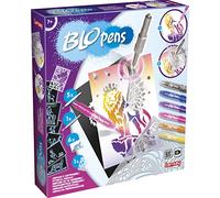 BLOPENS - Animali da Personalizzare Metallici - Per Bambini dai 7 Anni - Kit di Disegno e Colorazione con Pennarelli a Soffio - Hobby Creativi - 20 Stencil e 8 Pennarelli - Lansay