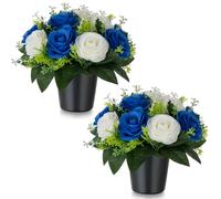 BLOSMON Fiori Finti con Cimitero Vaso: 2 Pezzi Blu Reale Rose Artificiali in Vasi per Cimiteri Lapidi Esterno Decorazioni - Rosa Finte Mazzo Fiori di Seta Lapide Tomba Addobbi