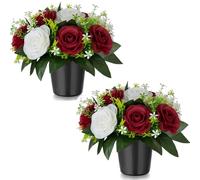 BLOSMON Fiori Finti con Cimitero Vaso: 2 Pezzi Rosse Rose Artificiali in Vasi per Cimiteri Lapidi Esterno Decorazioni - Rosa Finte Mazzo Fiori di Seta Lapide Tomba Addobbi