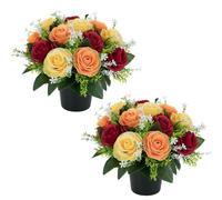 BLOSMON Fiori Finti con Cimitero Vaso: 2 Pezzi Rosso Giallo Arancione Rose Artificiali in Vasi per Cimiteri Lapidi Esterno Decorazioni - Rosa Finte Mazzo Fiori di Seta Lapide Tomba Addobbi