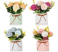 BLOSMON Fiori Finti Decorazioni con Vaso 4 Pcs Fiori Artificiali Piccoli Ortensia con Vasi per Centrotavola Piante Finte da Interno Bouquet Fiore Soprammobili per Casa, Cucina, Festa, Camino Addobbi