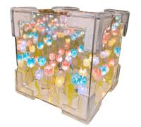 Blossom Box, DIY Tulips Cube Mirror Lamp, Realistic DIY Tulip Night Light, Desktop Decorative Lamp, LED Night Light with Mirror, Bedside Lamps for Womens, Handmade Ornament(Three Colors,30 Flowers)