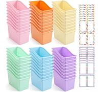Blosssound Set di 48 contenitori per libri per aule con etichetta adesiva per libri, cestini in plastica impilabili, per organizzare e riporre oggetti per iblioteca, casa, scuola (pastello)