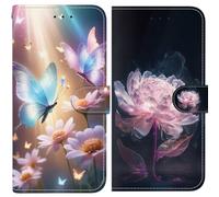 BLOTECH 2 pezzi Custodia flip in pelle PU per Nokia X10, Chiusura magnetica, Supporto regolabile, Scomparti schede, Protezione totale per Nokia X10，Fiori e farfalle luccicanti di notte