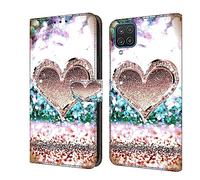 BLOTECH Cover per Samsung Galaxy A12 Custodia Flip Caso in PU Pelle Portafoglio Cover a Libro Magnetic Buckle 3D Brillantini Glitters PU Leather Protettiva,Heart of Gold